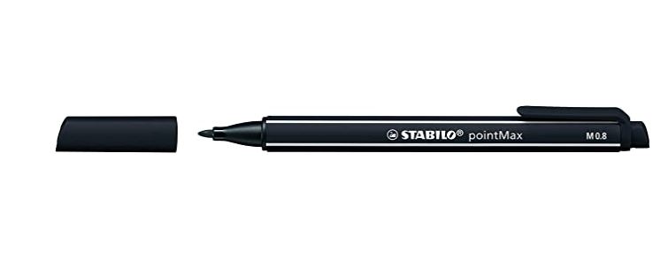 Das ist ein Stift, der ist schwarz und von Stabilo. Ich zeichne und kritzle sehr gern damit. Er schreibt nicht zu dick und nicht zu dünn. Er ist nicht sehr teuer.