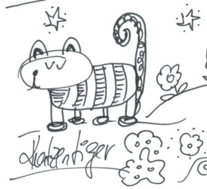 Auf dem Bild sieht man eine gezeichnete Katze. Ich habe sie Katzentiger genannt. Ein paar Blumen sind auch zu sehen. Die sind auch gezeichnet und gekritzelt.